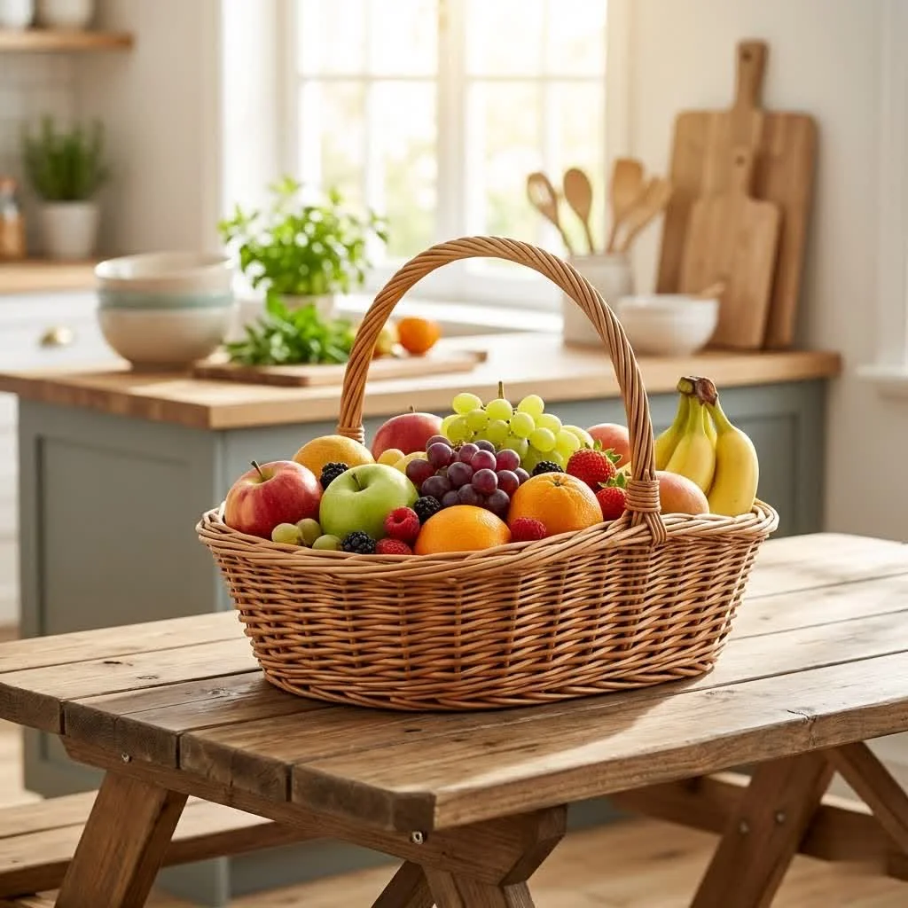 Assortment of fresh organic fruits in a woven basket