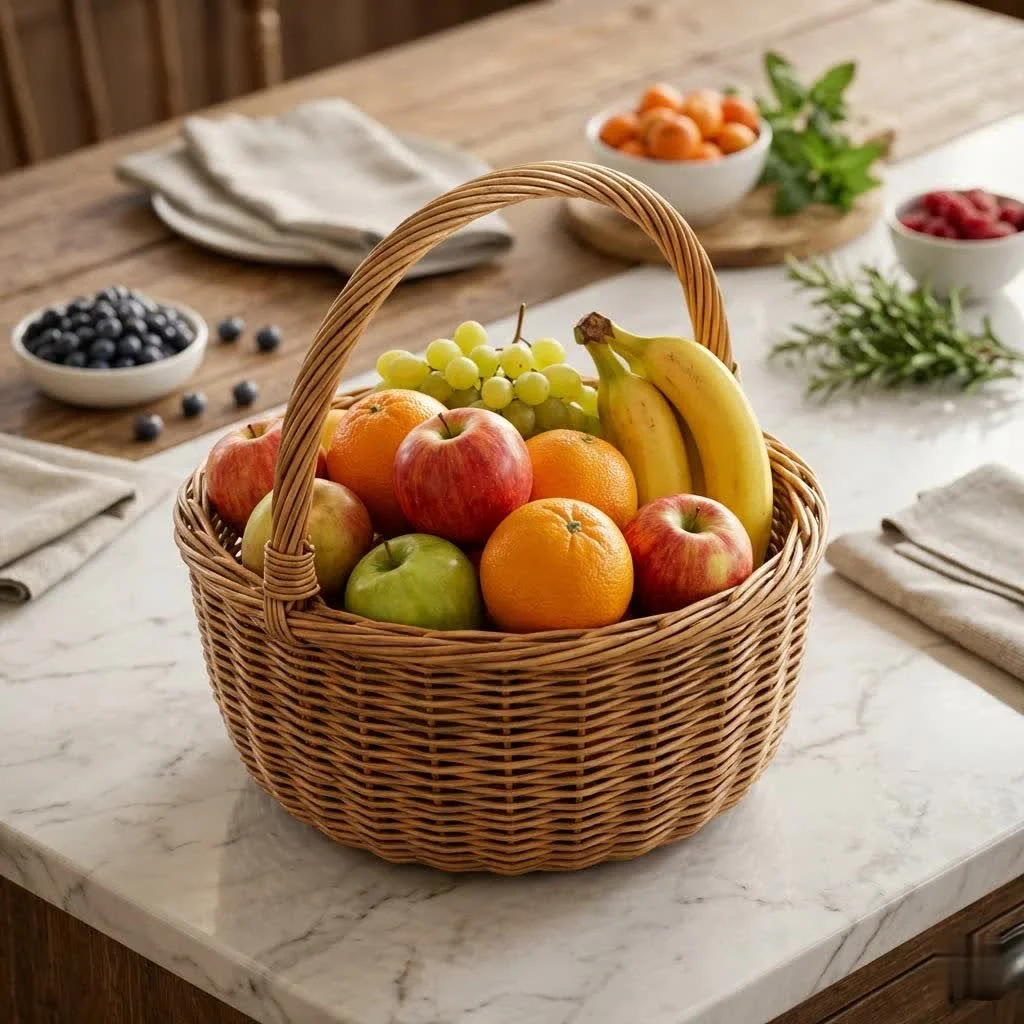 Hanging tiered fruit basket in a modern kitchen
