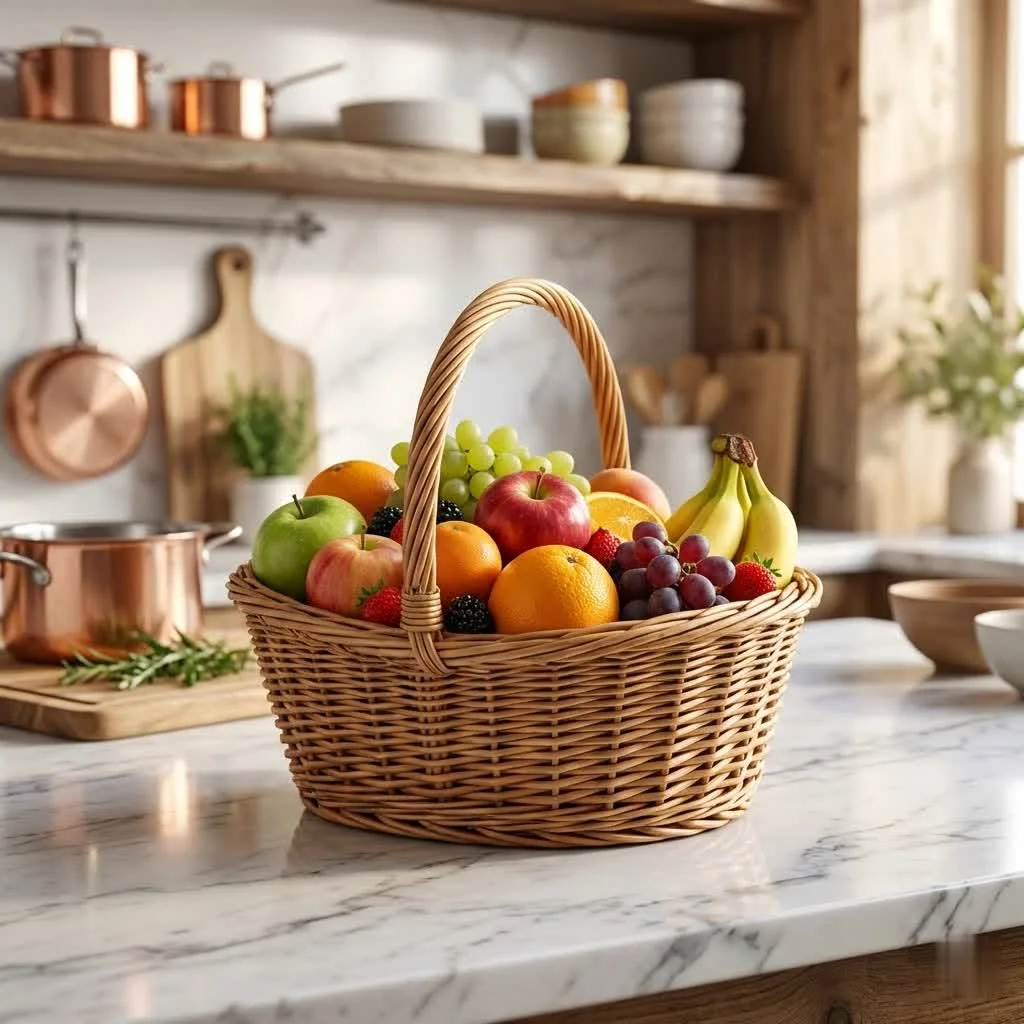 Assorted fresh fruits in a Valentine's Day basket