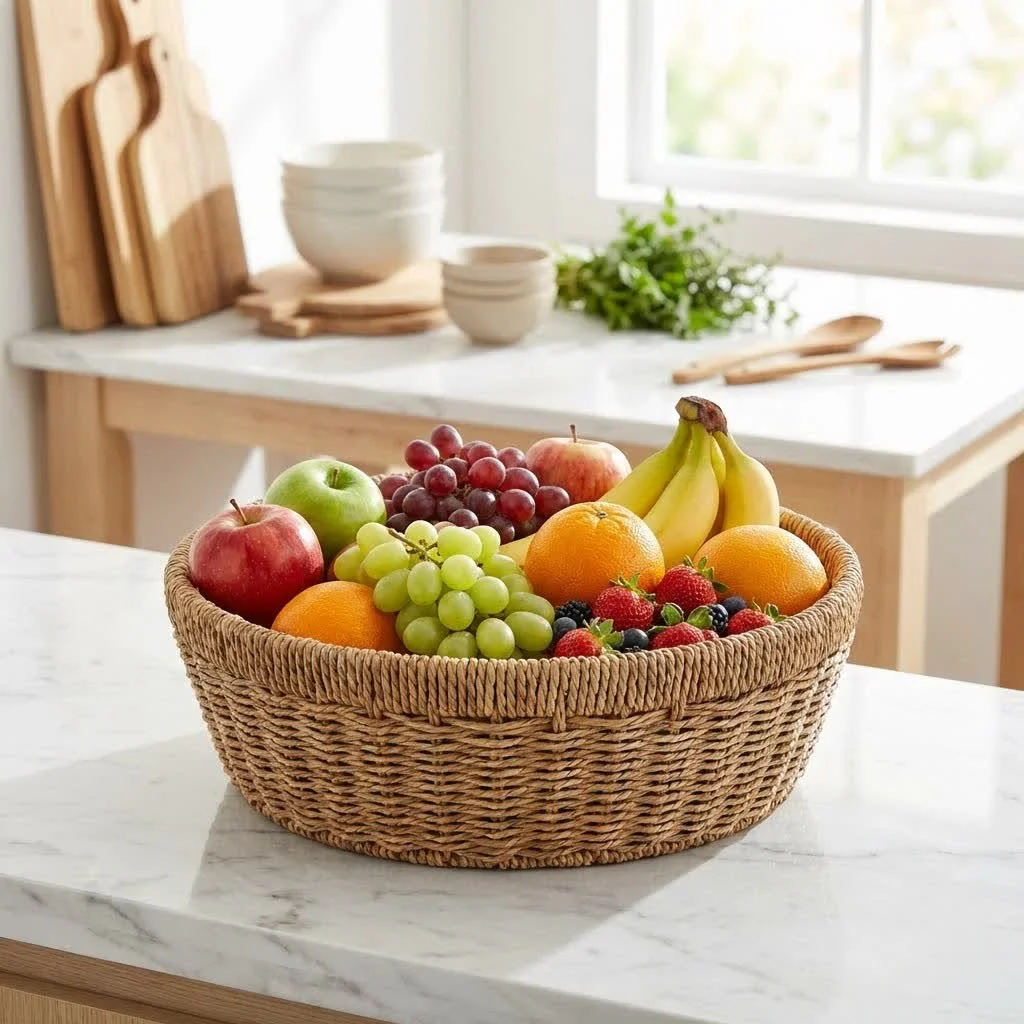 Assortment of fresh fruits in a festive Christmas basket