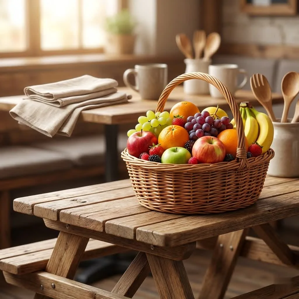 Bamboo fruit basket with fresh produce