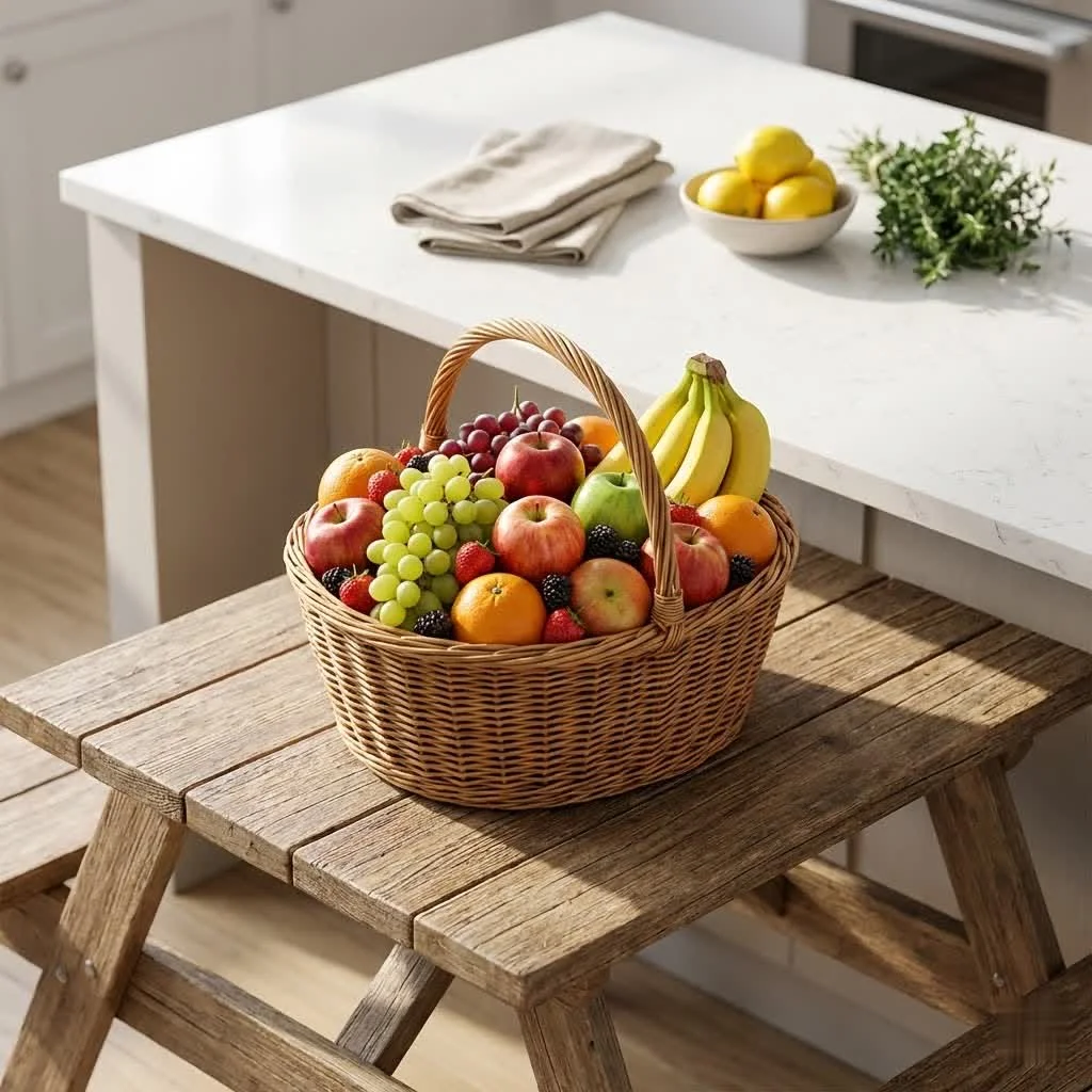 A variety of fresh fruits in a decorative fruit basket