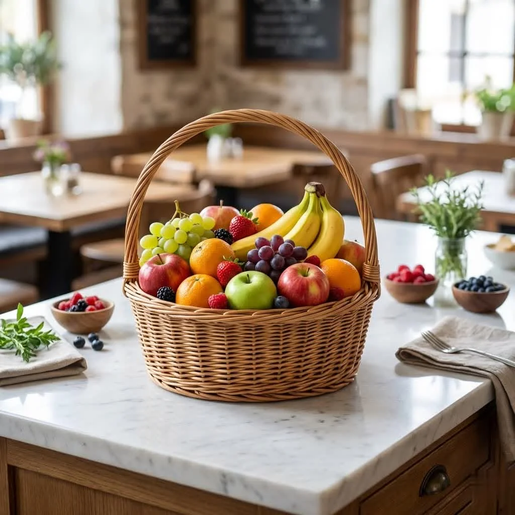 Assorted fresh fruits in a decorative basket