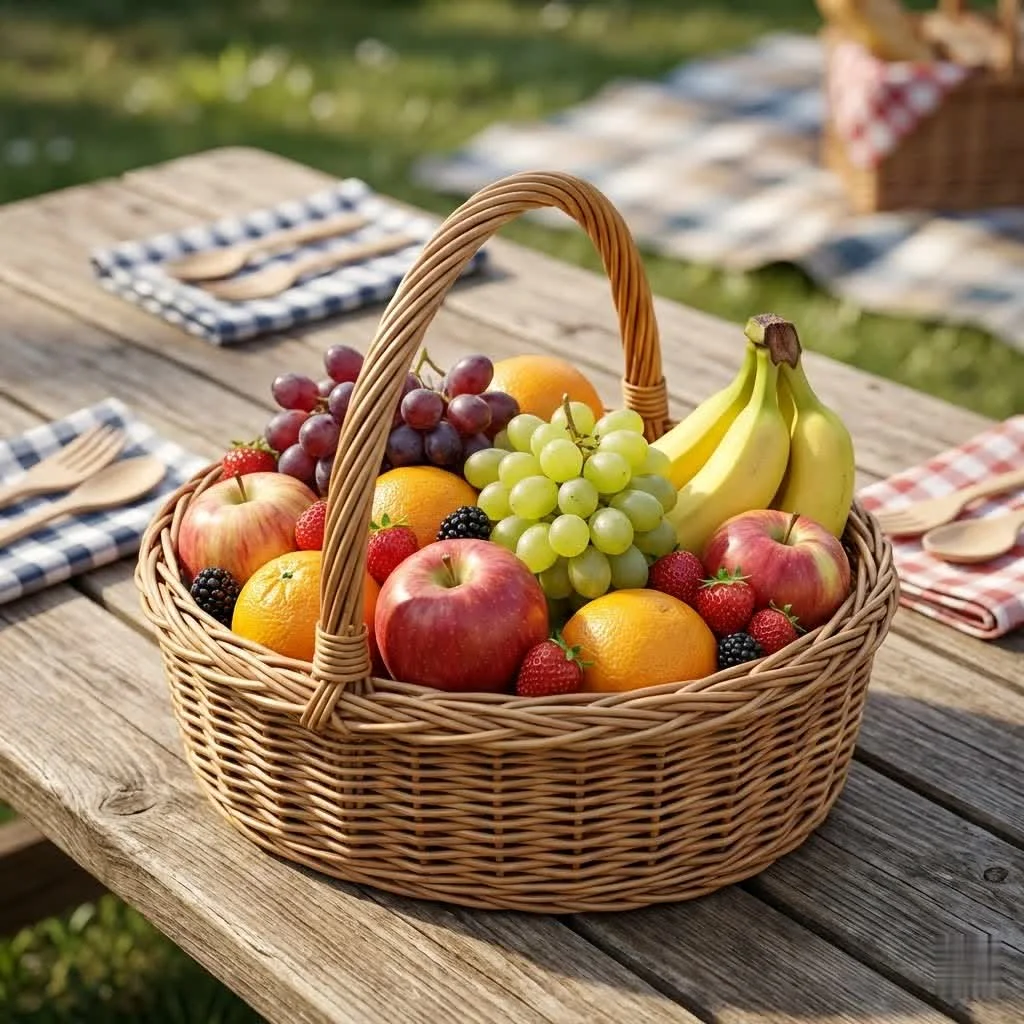 Assortment of fresh fruits in a stylish woven fruit basket