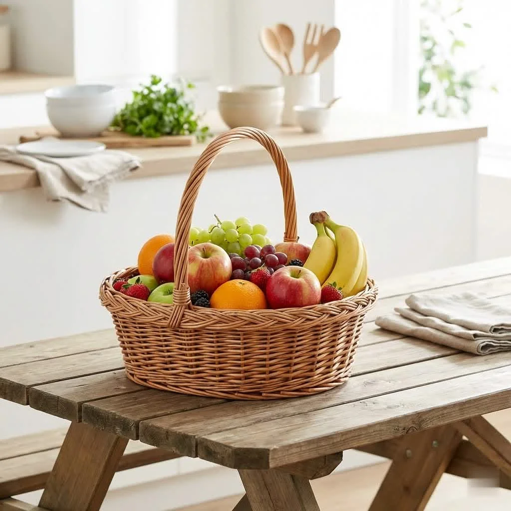 Assorted fresh fruits in a decorative gift basket