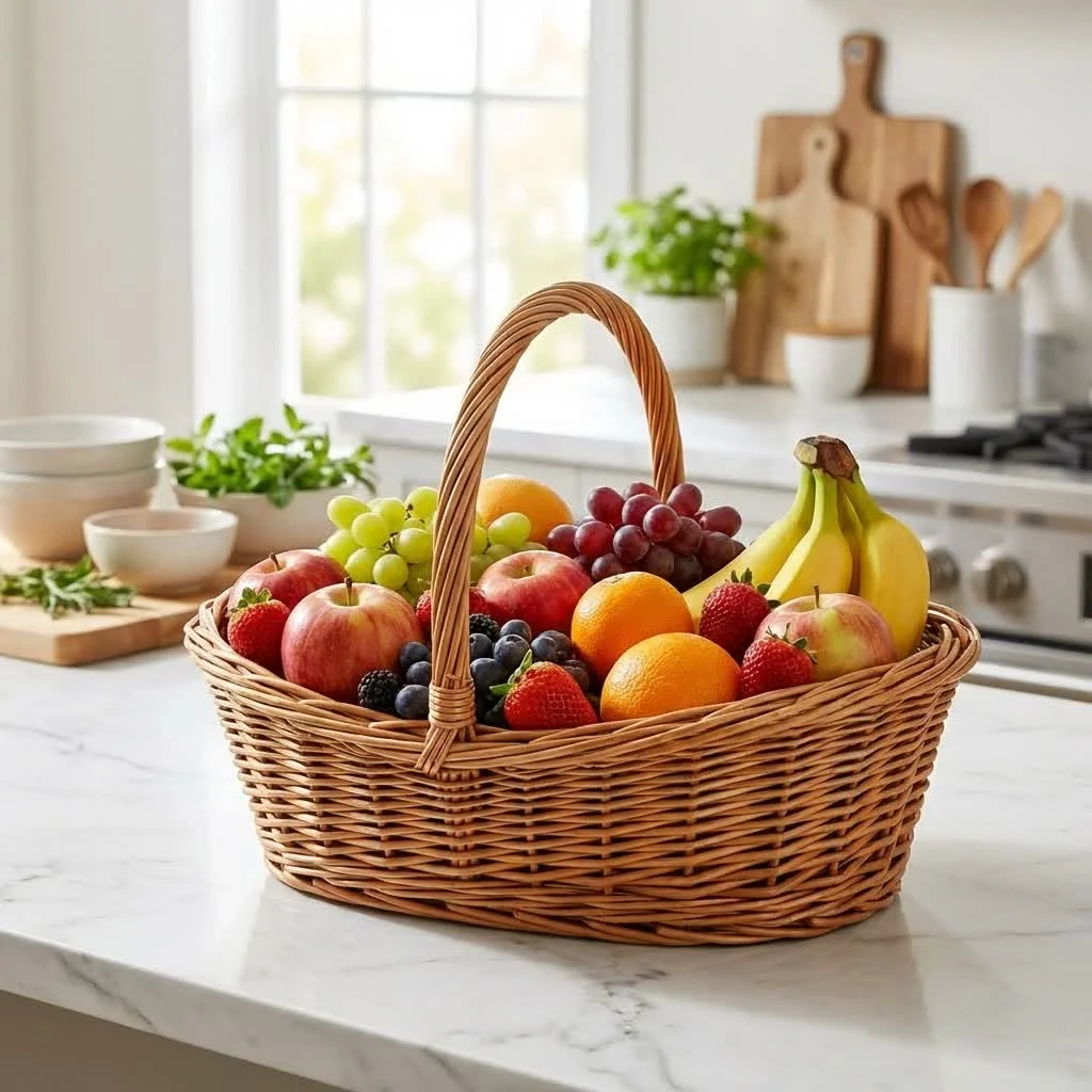 Assorted fresh fruits in a woven basket